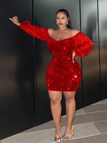 Slaydiva Của phụ nữ Kích thước lớn Quần bó Off Shoulder Long lanh Vá lại Tay áo lồng đèn Đầm - Đỏ - Xem 4