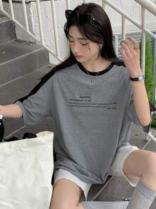 DAZY Slogan Print Colorblock Drop Shoulder T-Shirt HEARTEN LIFE IS MEANT TO BE ENJOYED AND WE SHOULD MAKE THE MOST OF EVERY MOMENT AND CHERISH THE PEOPLE AND EXPERIENCES THAT BRING US JOY SEIZE THE DAY - Grey - View 6