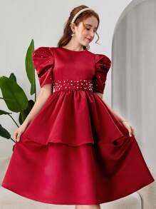 SHEIN Teen Girl Red/Burgundy Short Sleeve Beaded Computer Embroidery Waistband Tiered Ruffle Hem Princess Style Elegant Dress For Formal Party - Red - View 3