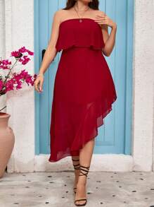 SHEIN Privé Summer Plus Size Elegant Women Flamenco Dress With Strapless Ruffle High Slit, Perfect For Dating, Party, Wedding, Asymmetrical Red Mesh Dress, Wedding Guest Dress - Red - View 9