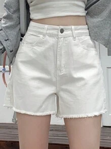 DAZY 女士口袋拼接毛邊休閒牛仔短褲 - 白色 - 查看 7