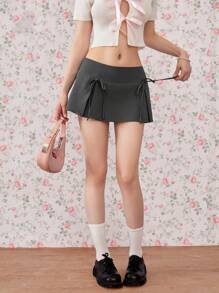 SHEIN Unity 女士时尚低腰甜美纯色蝴蝶结迷你裙 Y2K风 - 灰色 - 查看 4