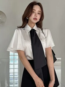 DAZY Camicetta in chiffon con fiocco al collo, di colore tinta unita, adatta per l'estate e l'ufficio, abbigliamento casual elegante per donne