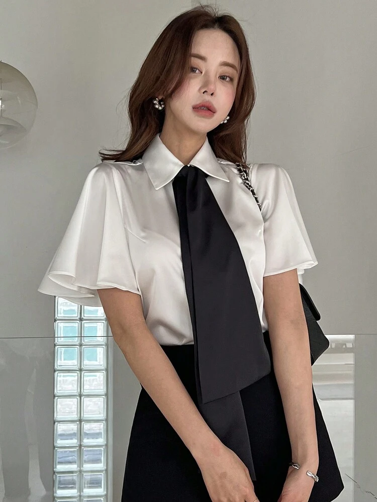 Women Solid Color Bow Tie Neck Chiffon Blouse Summer Work Women Clothes,Business Casual Women