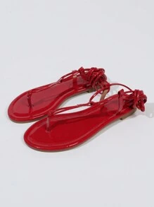 Sandalias rojas para mujer, diseño cómodo con barra en T de tono metálico, sandalias de playa con cierre de cordones, atuendos de verano - Rojo - Ver 8