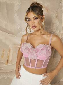 SHEIN Unity 花卉贴花短款网布拼接吊带紧身胸衣上衣 - 粉色 - 查看 5