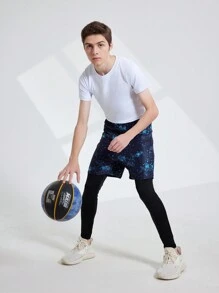 Teen Boys' Summer Solid Color Short Sleeve Top With Printed Patchwork 2 In 1 Long Pants Sportswear Set - Black - View 1
