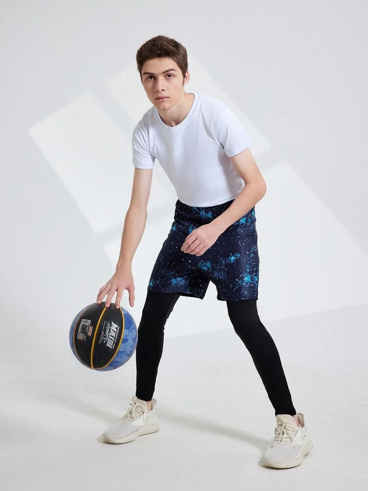 Teen Boys' Summer Solid Color Short Sleeve Top With Printed Patchwork 2 In 1 Long Pants Sportswear Set