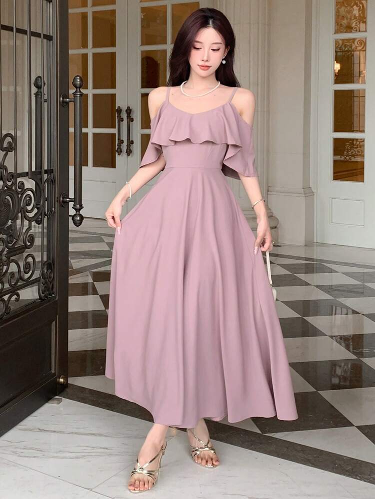 Women's Summer Elegant Solid Color Open Shoulder A-Line Dress With Waist Belt, Birthday ,New Year Eve Prom Dress,Ruffle