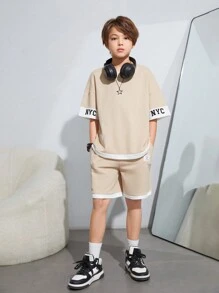 SHEIN 韓國風格拼布短袖上衣，適合青少年男孩，附標籤縫製設計，搭配短褲2入組針織套裝 - 卡其色 - 查看 4