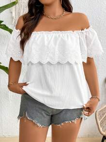 SHEIN Holidaya Plus Size Boho Women's Summer Off Shoulder Floral Splice Solid Color Minimalist Sexy Short Sleeve Blouse Loose Top