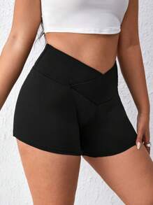 SHEIN Essnce Plus Overlap Waist Solid Cycling Shorts - Black - View 4