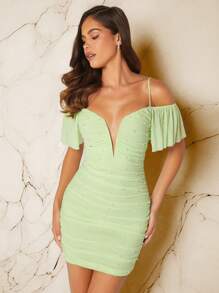 SHEIN Unity Faux Pearl Ruched Lace Up Back Dress - Green - View 8