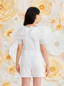 SHEIN Tween Girl Ruffle Layered Blouse & Short - White - View 2
