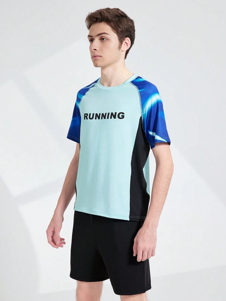 Teen Boys' Color-Blocked Short Sleeve T-Shirt And Black Sports Shorts, Outdoor Casual Sports Fitness Clothing Set