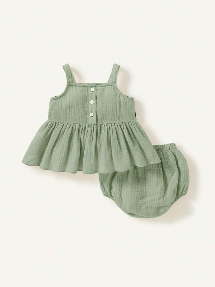 Baby Girl Floral Knitted Patchwork Sleeveless Overalls Dress With Bloomer Set
