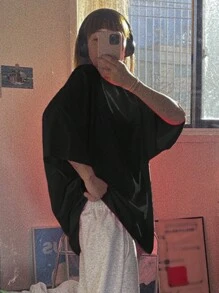 DAZY Women's Summer Loose-Fit Round Neck T-Shirt With Drop Shoulder Sleeves, Solid Color Oversized T-Shirt,Back To School Clothes