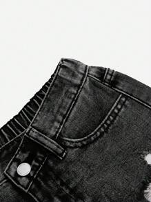 SHEIN 春夏季度適合青少女的波西米亞風石洗破洞生邊牛仔短褲，不對稱腰型，夏天女孩子的時尚穿搭 - 黑色 - 查看 3