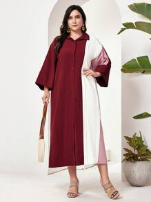 Mulvari Plus Size Vacation Leisure Colorblock Button-Front Shirt Dress - Red - View 7