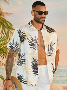 Manfinity Homme Conjunto casual de dos piezas para vacaciones, camisa de manga corta y pantalones cortos con estampado de palmeras para hombre de talla grande - Blanco - Ver 5