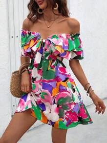 Breezaya Vestido con volantes en los hombros y borde, efecto tie-dye, con cinturón anudado, para vacaciones y playa, para mujeres