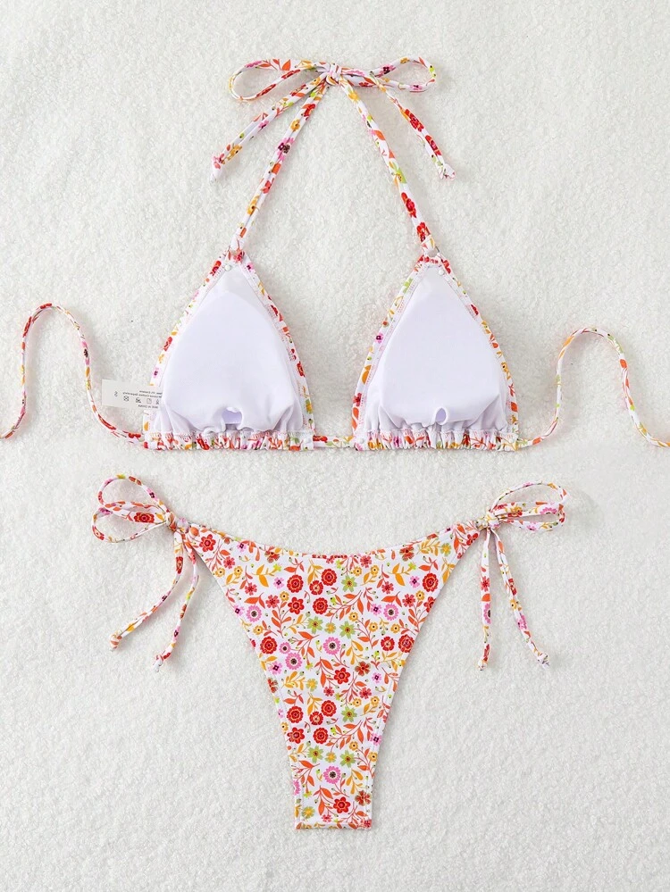 Women's Ditsy Floral Halter Neck Tied Sexy Bikini Set For Vacation, Random Print,Summer Beach