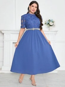 Modelyn Plus Size Solid Color Stand Collar Lace Splicing Elegant Short Sleeve Dress For Summer - Blue - View 5