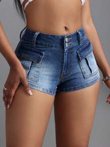 SHEIN SXY Women's Slim Fit Denim Shorts With Pockets, Workwear