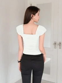 DAZY Áo thun crop top cổ vuông tay lửng mùa hè - Màu be - Xem 2