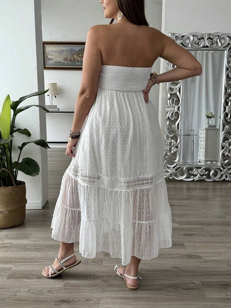 Plus Size Solid Color Strapless Ruffle Hem Chiffon Lace Dress