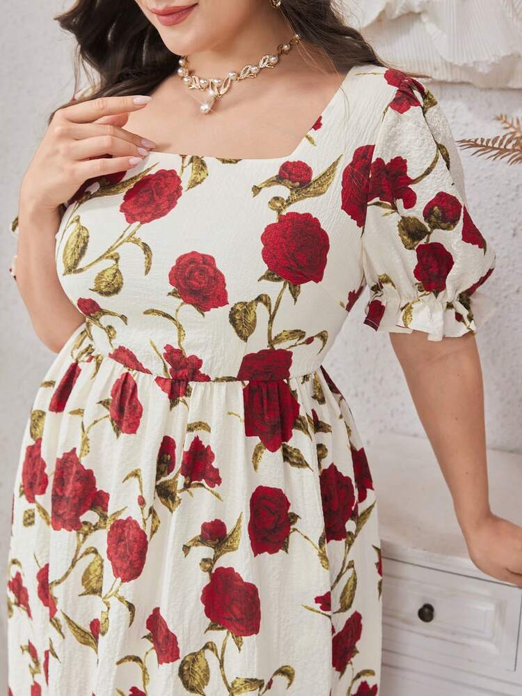 Plus Size Elegant Rose Printed Puff Sleeve Dress For Summer
