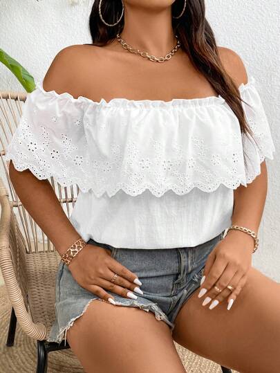 SHEIN Holidaya Plus Size Women's Summer Off-Shoulder Ruffle Patchwork Solid Color Minimalist Sexy Short Sleeve Casual/Work Comfortable Loose Top, White Blouse