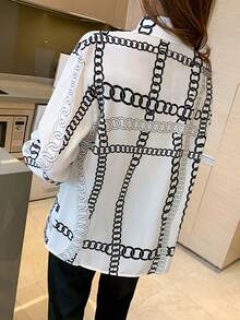 宽松版型随机印花衬衫 - 春季新品，女士长袖时尚办公雪纺衬衫，适合新年和感恩节穿着 - 黑與白 - 查看 2