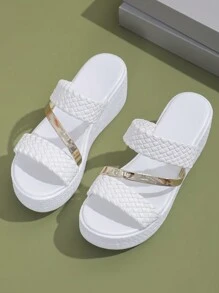 女士高帮防水复古绳编渔夫坡跟厚底凉鞋，春夏穿搭 - 白色 - 查看 6
