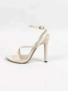 Women Lacquered Leather Strap Criss-Cross Ankle Buckle Open Toe Stiletto Heel Sandals, Casual Solid Color Minimalist Style, Suitable For Party And Banquet, Apricot Color High Heel Sandals