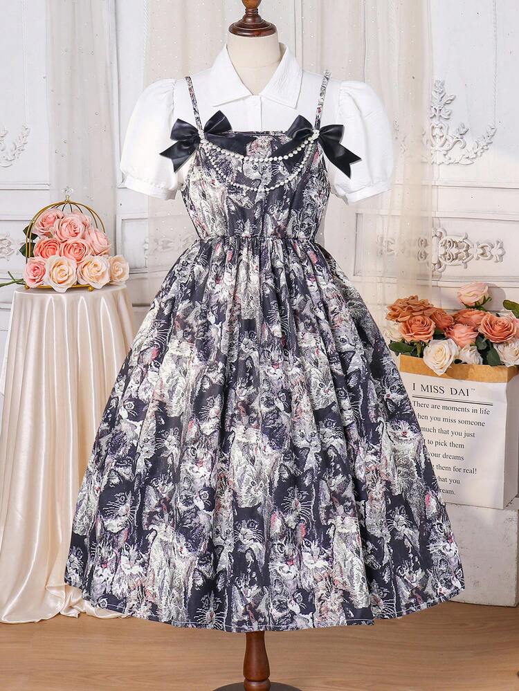 Tween Girl 2pcs White Top And Ladies' Black Printed Dress Set, Casual Outfit