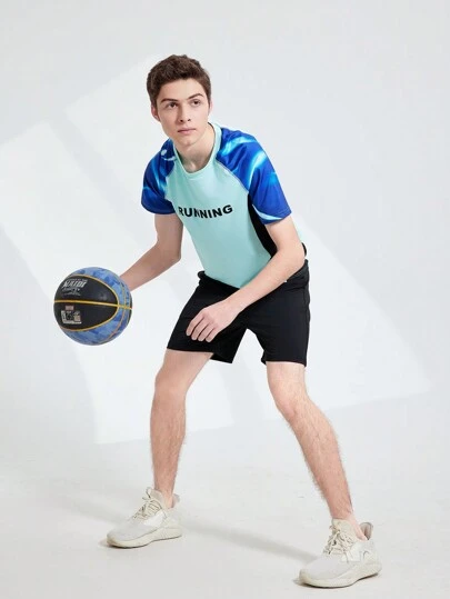 Teen Boys' Color-Blocked Short Sleeve T-Shirt And Black Sports Shorts, Outdoor Casual Sports Fitness Clothing Set