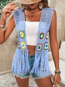 Breezaya 鉤針拼接中空針織編織流蘇邊無袖開衫，適合度假穿著 - 寶藍色 - 查看 6