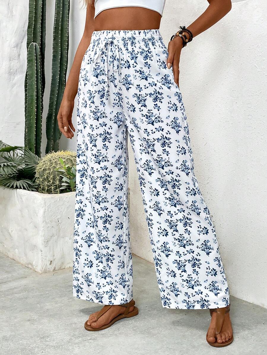 Breezaya 女性小花寬腿寬鬆長褲，腰間綁帶，適合度假穿著 - 彩色 - 查看 1
