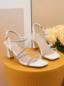時尚少女夏季仙女風派對高跟鑽石涼鞋 - 米色 - 查看 5
