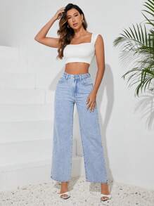 SHEIN Tall Jeans simples y rectos de uso diario para mujer en unicolor, lavados