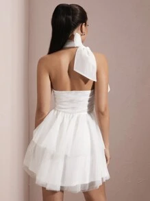 SHEIN BAE Vestido blanco sin mangas para graduación de verano con decoración de lazos y diseño de vestido de tul de varias capas para niñas - Blanco - Ver 6