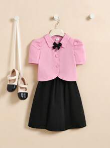 SHEIN Bộ áo sơ mi tay bồng màu hồng thanh lịch dành cho bé gái với viền bất đối xứng và nơ đen & chân váy - Nhiều màu - Xem 1