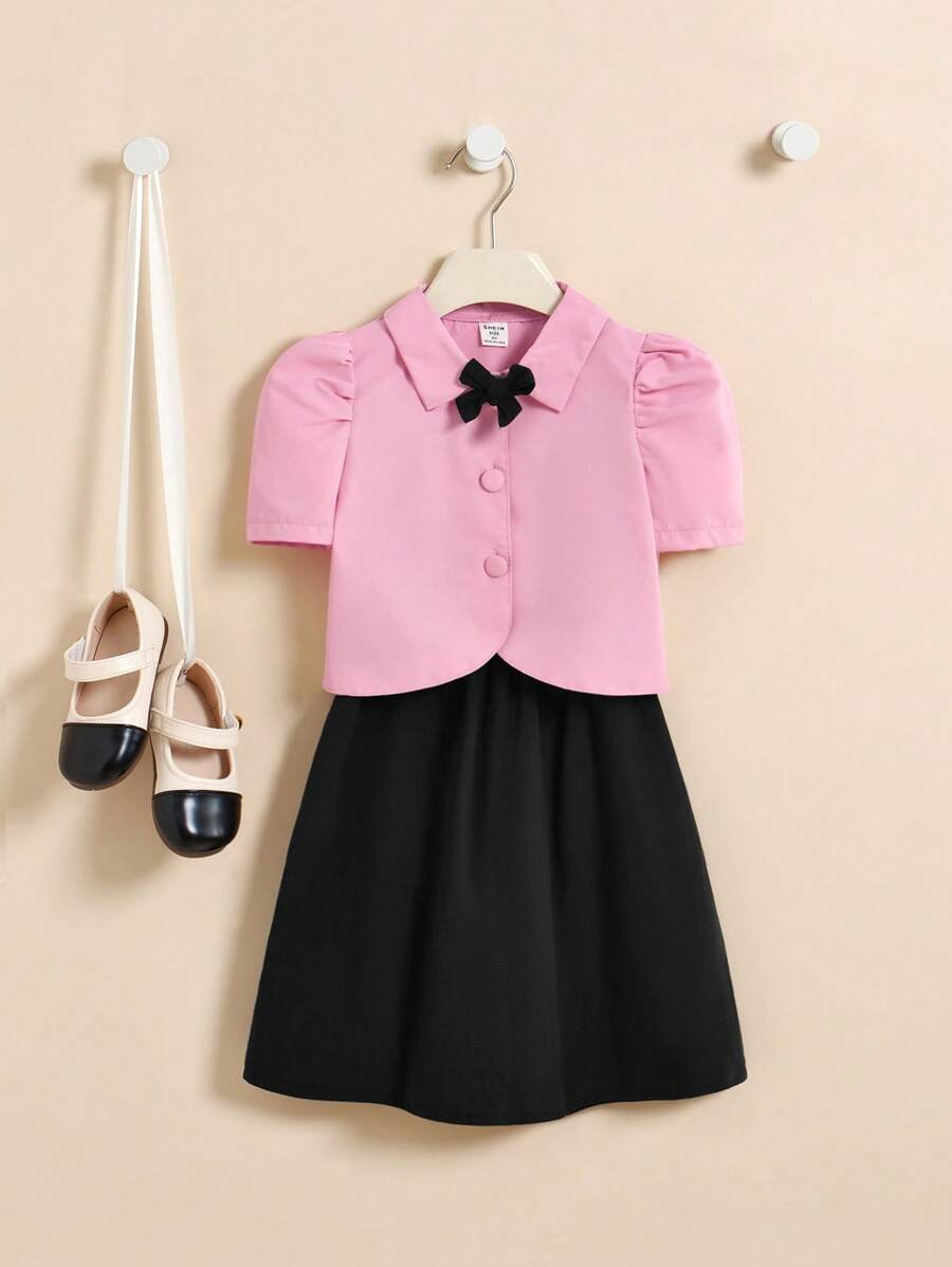 SHEIN Bộ áo sơ mi tay bồng màu hồng thanh lịch dành cho bé gái với viền bất đối xứng và nơ đen & chân váy - Nhiều màu - Xem 1