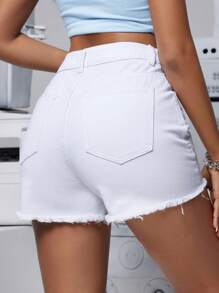 SHEIN PETITE Women's Distressed Denim Shorts With Pockets, Casual - White - View 3