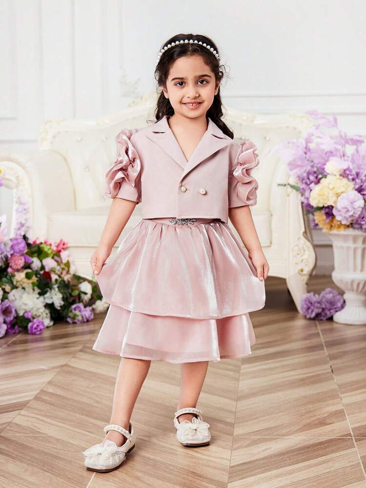 Young Girl Weaved Short Sleeve Cardigan With Three-Dimensional Flowers And Double-Breasted Closure Matched With Weaved Skirt