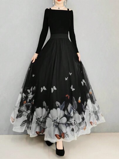 Peony Butterfly Printed Mesh Skirt