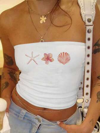 INAWLY Beach Vacation Ocean Starfish & Pearl Print Women Top, Suitable For Summer