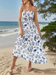 SHEIN Essnce Vestido de mujer de verano azul marino con impresión de frutas, cuello recto sin mangas, tirantes spaghetti y longitud midi - Azul y blanco - Ver 1