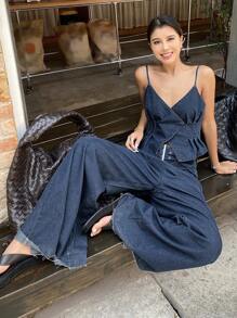 Livesso 女士素色简约日常无袖上衣和牛仔裤套装夏季荷叶边返校服 - 藍色 - 查看 6